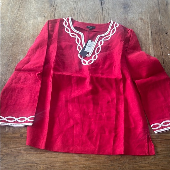 TALBOTS RED VNECK LINEN BLOUSE $79.00 RETAIL! - Picture 2 of 8